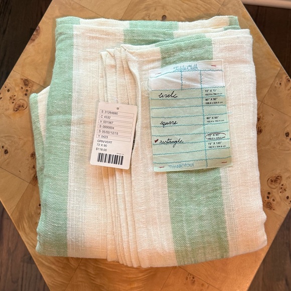 Anthropologie 72” x 90” Green and White Striped Limen Tablecloth NWT - Picture 1 of 8